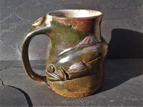 Mug Wheel Thrown Pottery Fish Mug With Trout Fly And Pulled Etsy