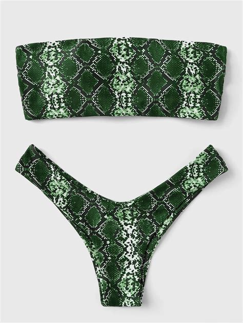 Green Snakeskin Caged Bandeau Swimsuit With High Leg Bikini Bottom