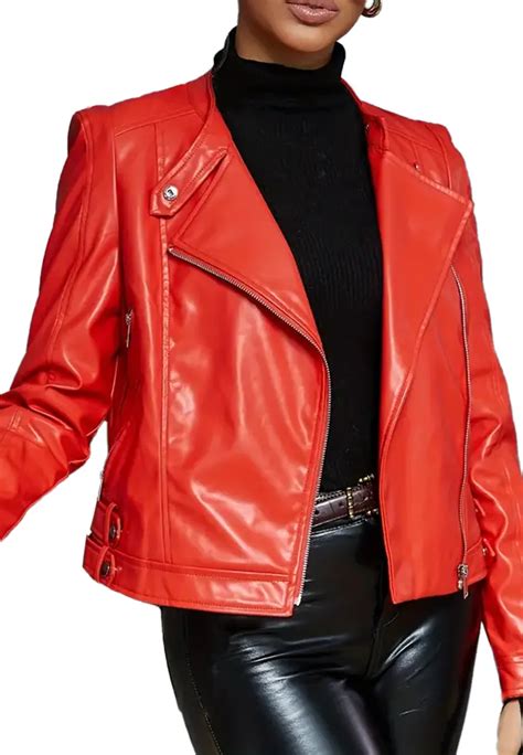 Womens Long Sleeve Red Faux Leather Biker Jacket