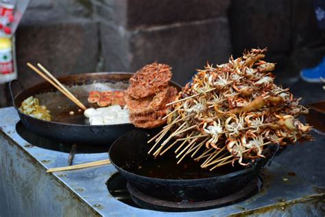 Roasted Fried Insects And Bugs As Snack Street Food In China Stock