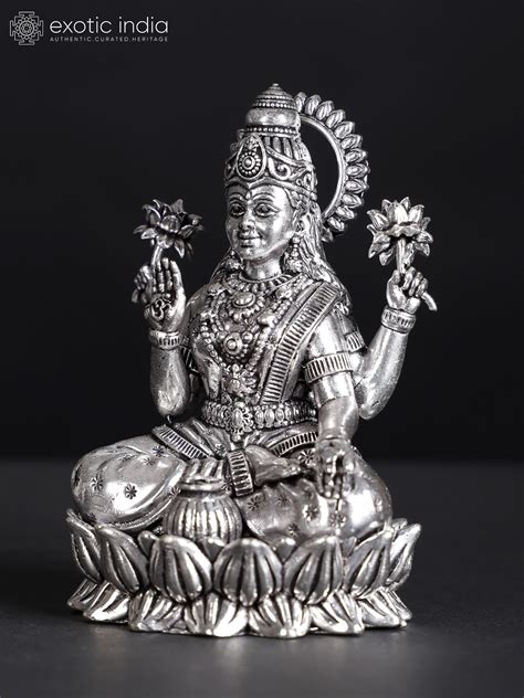 Small Blessing Goddess Lakshmi Seated On Lotus Silver Plated Brass