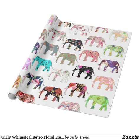 Girly Whimsical Retro Floral Elephants Wrapping Paper