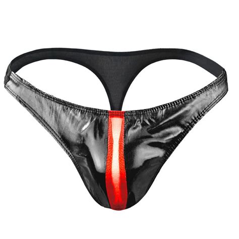 Men Sexy Faux Leather Briefs Lingerie Low Rise Thong T Back Underwear