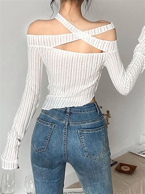 Emmiol Free Shipping 2023 Asymmetric Criss Cross Knit Crop Top White S