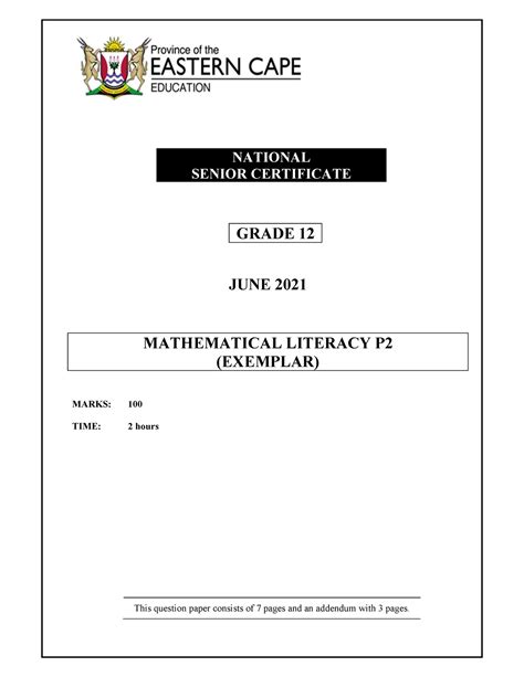 Maths Lit Paper 2 2021 QP NATIONAL SENIOR CERTIFICATE GRADE 12 JUNE