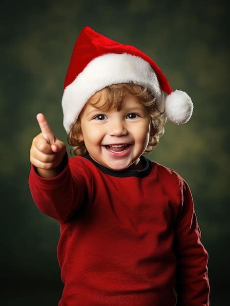 Un niño pequeño con gorro de papá noel te señala en un fondo oscuro y