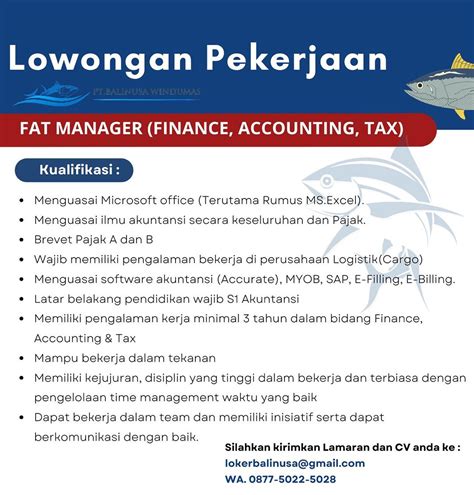 Lowongan Kerja Sebagai Fat Manager Finance Accounting Dan Tax Untuk