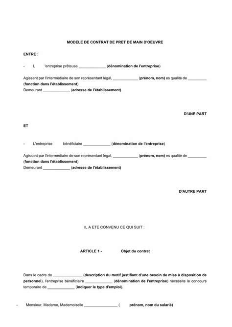 Pdf Contrat De Pr T De Main D Oeuvre G N Ration Industrie Modele