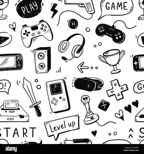 Video Game Hand Drawn Doodle Seamless Pattern Video Gamer Console