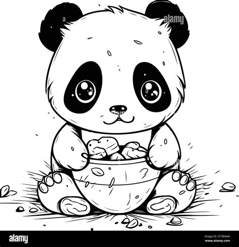 Cute Panda Bear Sitting On The Ground And Holding A Bowl Of Nuts Hand Drawn Vector Illustration