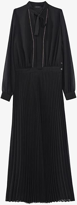 Ikks Womens Black Pussy Bow Pleated Voile Midi Dress Shopstyle