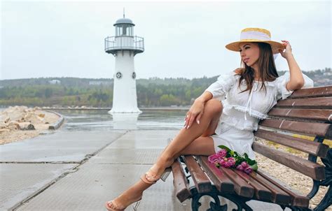 Wallpaper Blouse Hat Flowers Beautiful Model Women Brunette Bench For Mobile And Desktop