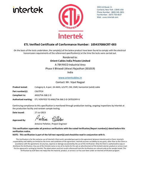 Certifications Orient Cables