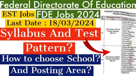 Federal Directorate Of Education FDE Jobs For Teachers 2024 Syllabus