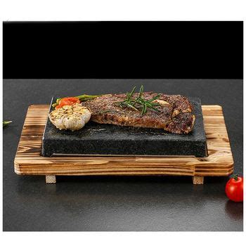Cast Stone Steak Plate With Wooden Base Cooking Stone Complete Set Lava Hot Steak Stone Plate