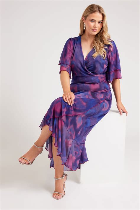 Yours London Plus Size Purple Abstract Print Midi Wrap Dress Yours