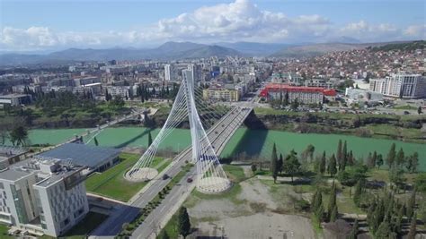 Aerial View Of Millennium Bridge Over Moraca River Podgorica Stock