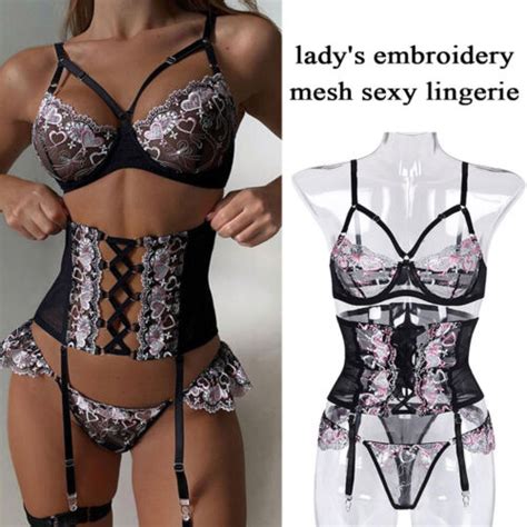 Sexy Lingerie Lace Up Corset Sleepwear Bra Thong Underwear Set Garter Belt US EBay