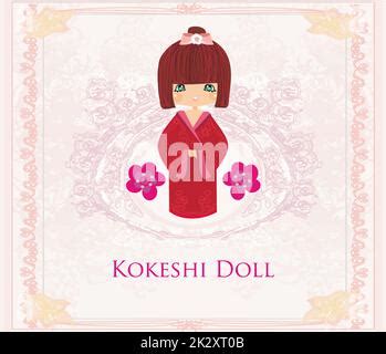 Kokeshi Doll On The Pink Background With Floral Ornament Stock Photo