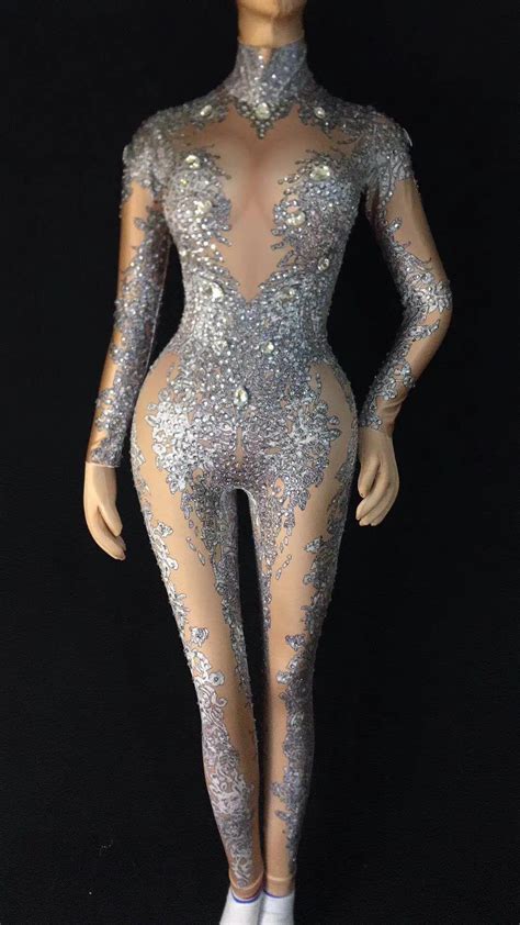 Womens Pearls See Through Bodysuit Stage Dance Jumpsuit Singer Stretch