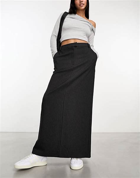 Asos Design Column Maxi Skirt With Split In Charcoal Stripe Asos