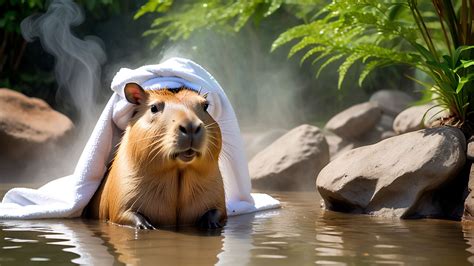 A capybara relaxes in a hot spring by Fawin Tsai - Playground