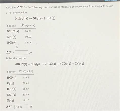 Solved Calculate Δs∘ For The Following Reactions Using