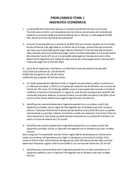 Problemario TEMA 1 Problemas De Ingenieria Economica PROBLEMARIO