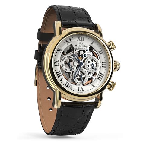 Skeleton Automatic Black Leather White Dial Gold Edition – Markus Ruby ...