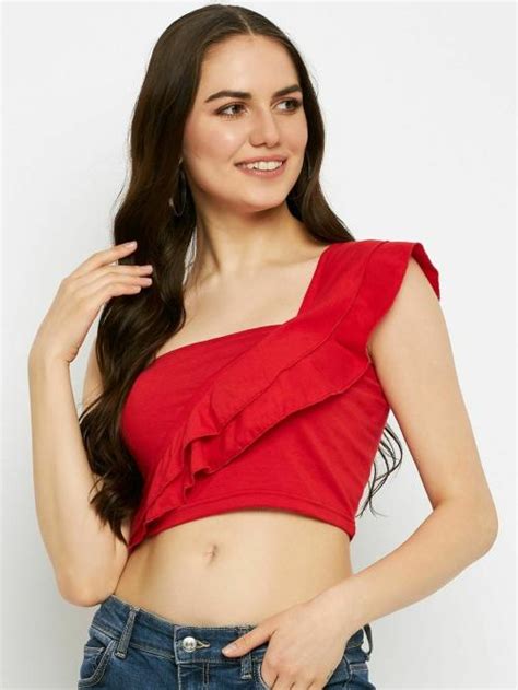 Brinns Red One Shoulder Ruffles Crop Top Jiomart