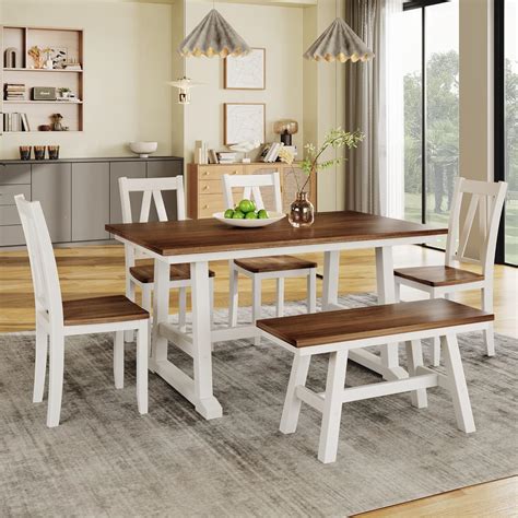 Amazon Merax 6 Piece Kitchen Dining Table Set Wooden Rectangular