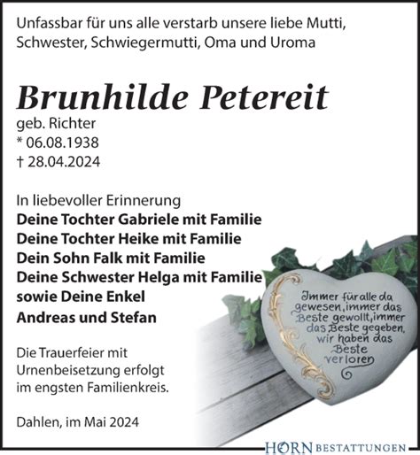 Traueranzeigen Von Brunhilde Petereit Trauer Anzeigen De