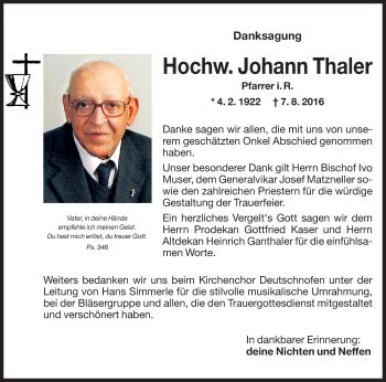 Traueranzeigen Von Johann Thaler Trauer Bz