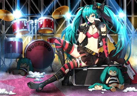 Greetload Vocaloid Hatsune Miku Bikini Top Cleavage Guitar Heels Open