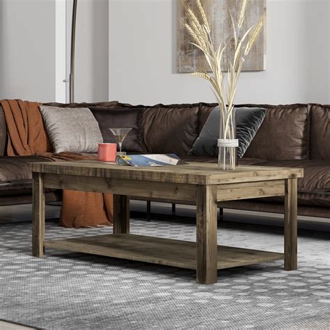 48" Farmhouse Coffee Table with Storage Shelf, Rectangle Cocktail Table