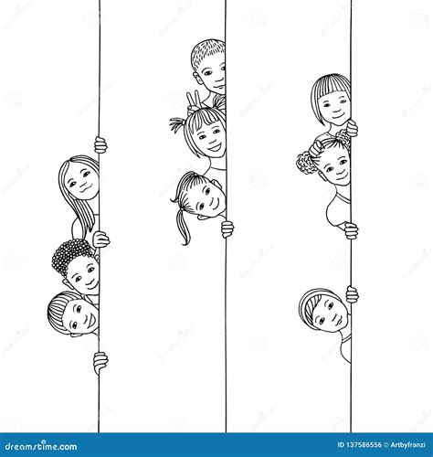 Kids Looking Around the Corner, Black and White Stock Vector - Illustration of hand, decoration ...