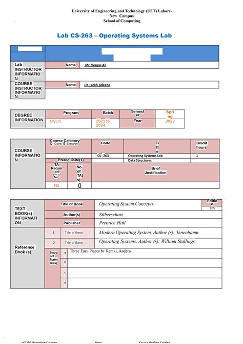 Course Outline Os Lab Spring 2023 Lab Cs 263 Operating Systems Lab