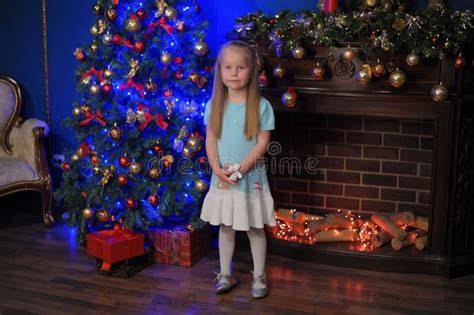 Petite Fille Blonde Dans La Robe Bleue Et Blanche Photo Stock Image Du Enfance Femelle