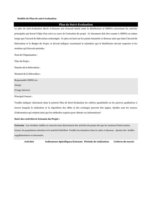 Mod Le De Plan De Suivi Valuation Doc Pdf Page Sur