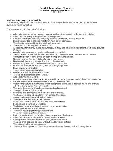 Pool And Spa Inspection Checklist Pdf Swimming Pool Hvac