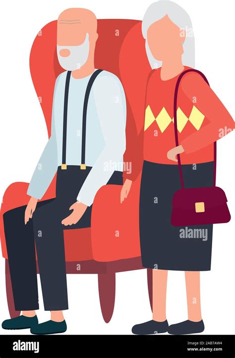 Grandmother And Grandfather Seated In Sofa Avatars Characters Stock