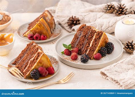 Delicious Semi Naked Chocolate Cake With Caramel Topping And Decorated With Blackberries And