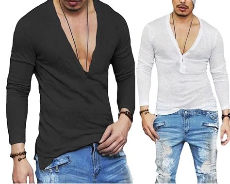 US Stock Fashion Men Casual Slim Fit Long Sleeve Deep V Neck Sexy Shirt