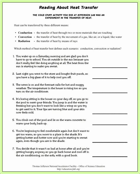 Worksheet Methods Of Heat Transfer Conduction Convection And