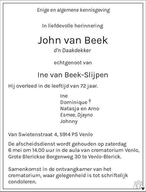 John Van Beek 01 05 2023 Overlijdensbericht En Condoleances Mensenlinq Nl