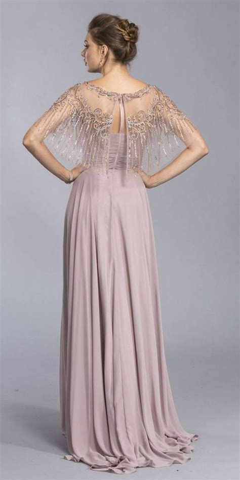 Mauve Floor Length Formal Dress With Embroidered Poncho Formal