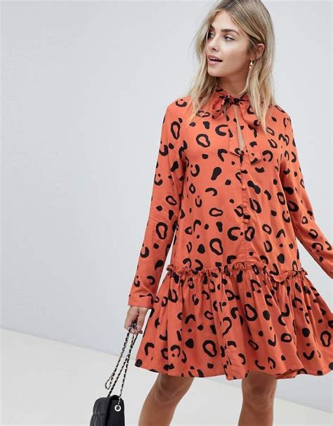 Asos Design Design Button Front Tie Neck Mini Smock Dress In Leopard