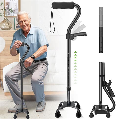 Adjustable Folding Quad Cane, Heavy Duty Walking Sticks Canes for