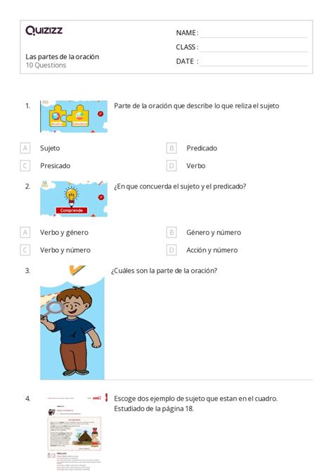 Partes De La Oraci N Hojas De Trabajo Para Grado En Quizizz