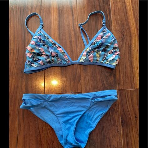 Minkpink Swim Minkpink Blue Ruffled Top And Bottom With Slits Bikini Swim Poshmark